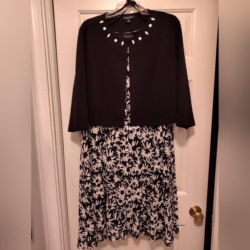 Perceptions Black and White Floral Dress with Cardigan